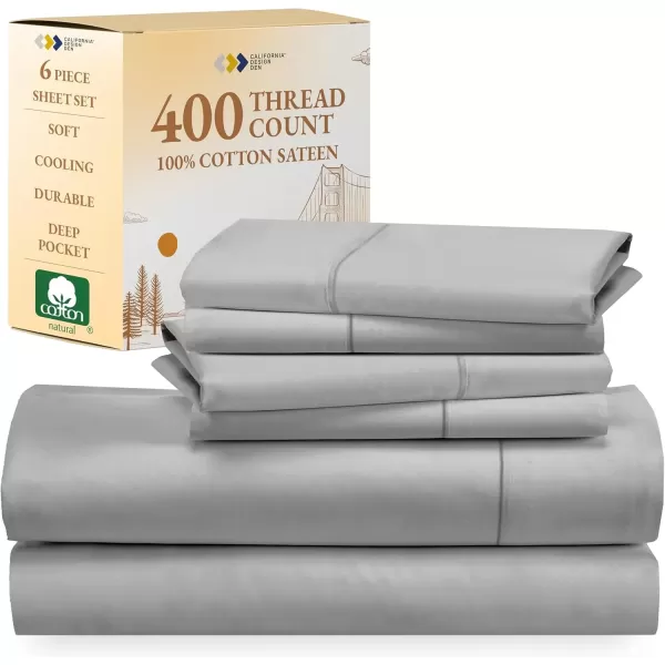 imageCalifornia Design Den 6 Piece Full Size Sheet Set with 4 Pillowcases 400 Thread Count 100 Cotton Sateen Light Grey