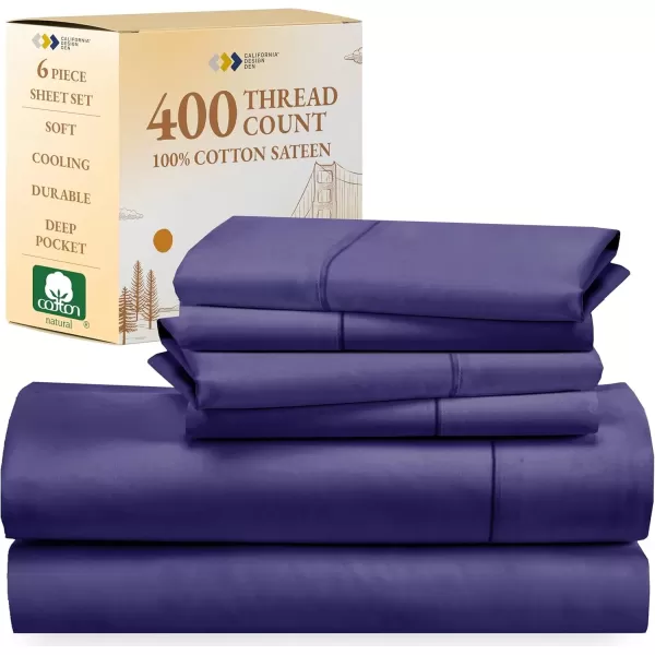 imageCalifornia Design Den 6 Piece Full Size Sheet Set with 4 Pillowcases 400 Thread Count 100 Cotton Sateen Purple