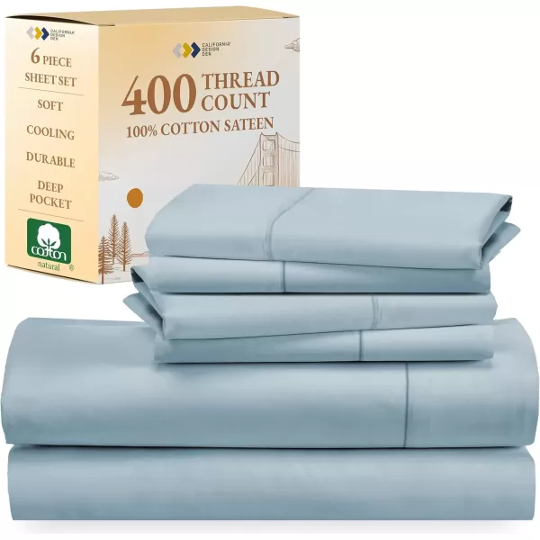 imageCalifornia Design Den 6 Piece Full Size Sheet Set with 4 Pillowcases 400 Thread Count 100 Cotton Sateen Sky Blue