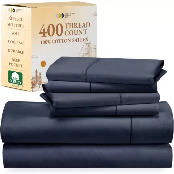 imageCalifornia Design Den 6 Piece King Size Sheet Set with 4 Pillowcases 400 Thread Count 100 Cotton Sateen Indigo Dusty Blue