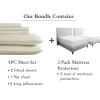 image7 Piece Split King Size Stripped Sheet Set Ivory and Waterproof Mattress Protector White Bundle  500 Thread Count 100 Cotton Sateen 5 Piece Sheet Set with 2 Mattress Protectors