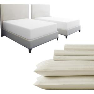image7 Piece Split King Size Stripped Sheet Set Ivory and Waterproof Mattress Protector White Bundle  500 Thread Count 100 Cotton Sateen 5 Piece Sheet Set with 2 Mattress Protectors