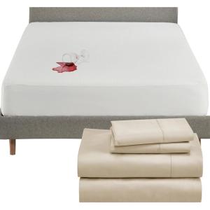 image5 Piece California King Size Sheet Set Beige and Waterproof Mattress Protector White Bundle  400 Thread Count 100 Cotton Sateen 4 Piece Sheet Set with 1 Mattress Protector
