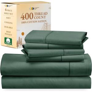 image6 Piece Full Size Sheet Set with 4 Pillowcases 400 Thread Count 100 Cotton Sateen Hunter Green