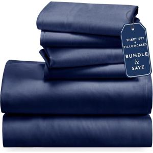 imageCalifornia Design Den 6 Piece Full Size Sheet Set with 4 Pillowcases  Soft 100 Cotton Sateen Navy Blue
