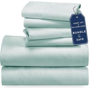 imageCalifornia Design Den 6 Piece Full Size Sheet Set with 4 Pillowcases  Soft 100 Cotton Sateen Seafoam