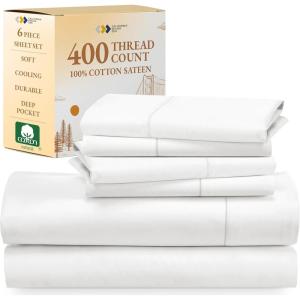 imageCalifornia Design Den 6 Piece Full Size Sheet Set with 4 Pillowcases 400 Thread Count 100 Cotton Sateen Antique White