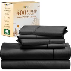 imageCalifornia Design Den 6 Piece Full Size Sheet Set with 4 Pillowcases 400 Thread Count 100 Cotton Sateen Black