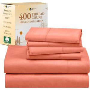 imageCalifornia Design Den 6 Piece Full Size Sheet Set with 4 Pillowcases 400 Thread Count 100 Cotton Sateen Bright Salmon