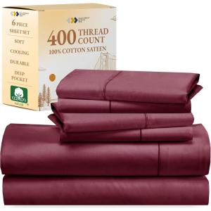 imageCalifornia Design Den 6 Piece Full Size Sheet Set with 4 Pillowcases 400 Thread Count 100 Cotton Sateen Burgundy Red