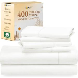 imageCalifornia Design Den 6 Piece Full Size Sheet Set with 4 Pillowcases 400 Thread Count 100 Cotton Sateen Ivory