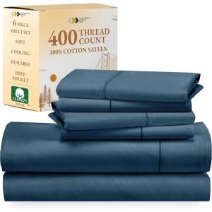 imageCalifornia Design Den 6 Piece Full Size Sheet Set with 4 Pillowcases 400 Thread Count 100 Cotton Sateen Peacock Blue