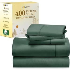 image5 Piece Twin Size Sheet Set with 3 Pillowcases 400 Thread Count 100 Cotton Sateen Hunter Green