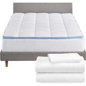 imageCalifornia Design Den 4 Piece Bedding Bundle  3 Piece Sheet Set 600 Thread Count 100 Cotton Sateen with 1 Mattress Topper Twin White