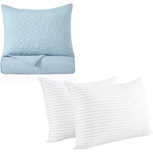imageCalifornia Design Den 5 Piece King Size Bedding Bundle  3 Piece Quilt Set Blue  2 Pack Bed Pillows White