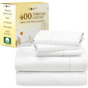 imageCalifornia Design Den 5 Piece Twin Size Sheet Set with 3 Pillowcases 400 Thread Count 100 Cotton Sateen Antique White
