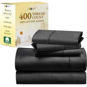 imageCalifornia Design Den 5 Piece Twin Size Sheet Set with 3 Pillowcases 400 Thread Count 100 Cotton Sateen Black