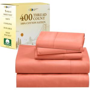 imageCalifornia Design Den 5 Piece Twin Size Sheet Set with 3 Pillowcases 400 Thread Count 100 Cotton Sateen Bright Salmon