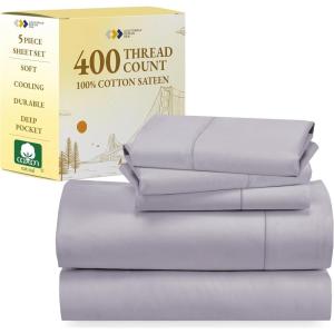 imageCalifornia Design Den 5 Piece Twin Size Sheet Set with 3 Pillowcases 400 Thread Count 100 Cotton Sateen Lavender Gray