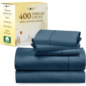 imageCalifornia Design Den 5 Piece Twin Size Sheet Set with 3 Pillowcases 400 Thread Count 100 Cotton Sateen Peacock Blue