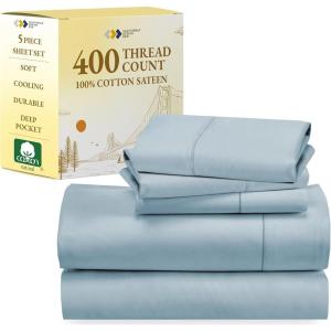 imageCalifornia Design Den 5 Piece Twin Size Sheet Set with 3 Pillowcases 400 Thread Count 100 Cotton Sateen Sky Blue
