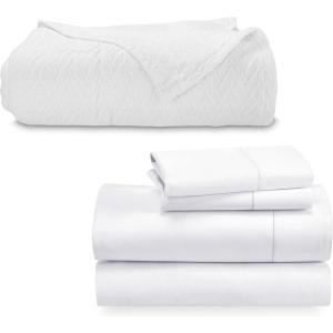 imageCalifornia Design Den 5 Piece King Size Bedding Bundle  4 Piece Sheet Set 400 Thread Count 100 Cotton Sateen with 1 Cotton Bed Blanket White
