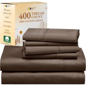 imageCalifornia Design Den 6 Piece King Size Sheet Set with 4 Pillowcases 400 Thread Count 100 Cotton Sateen Chocolate Rich Brown