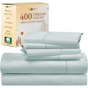imageCalifornia Design Den 6 Piece King Size Sheet Set with 4 Pillowcases 400 Thread Count 100 Cotton Sateen Seafoam