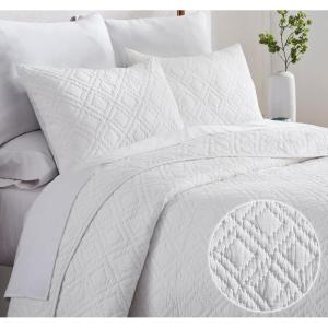 imageCalifornia Design Den HandQuilted Queen Quilt Set 100 Cotton Fabric 3 Piece White Quilt Queen Size Cotton Set Includes 2 Shams All Season Lightweight PreSoftened Diamond Pattern White