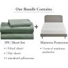 imageCalifornia Design Den 4 Piece Twin XL Size Sheet Set Sage Green and Waterproof Mattress Protector White Bundle  Soft 100 Cotton Sateen 3 Piece Sheet Set with 1 Mattress Protector