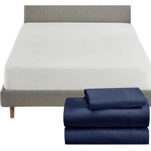 imageCalifornia Design Den 4 Piece Twin XL Size Sheet Set Navy and Waterproof Mattress Protector White Bundle  100 Organic Cotton Percale 3 Piece Sheet Set with 1 Mattress Protector