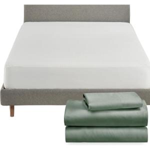 imageCalifornia Design Den 4 Piece Twin XL Size Sheet Set Sage Green and Waterproof Mattress Protector White Bundle  Soft 100 Cotton Sateen 3 Piece Sheet Set with 1 Mattress Protector
