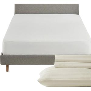 image4 Piece Twin XL Size Stripped Sheet Set Ivory and Waterproof Mattress Protector White Bundle  500 Thread Count 100 Cotton Sateen 3 Piece Sheet Set with 1 Mattress Protector