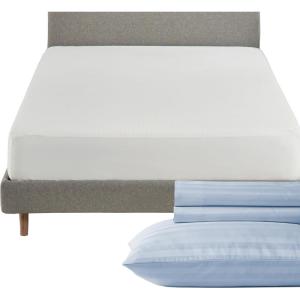 image4 Piece Twin XL Size Stripped Sheet Set Light Blue and Waterproof Mattress Protector White Bundle  500 Thread Count 100 Cotton Sateen 3 Piece Sheet Set with 1 Mattress Protector