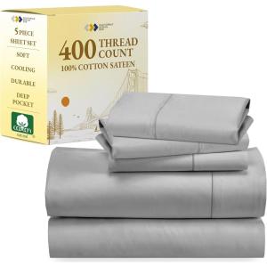 image5 Piece Twin XL Size Sheet Set with 3 Pillowcases 400 Thread Count 100 Cotton Sateen Grey