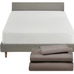 imageCalifornia Design Den 4 Piece Twin XL Size Sheet Set Brown and Waterproof Mattress Protector White Bundle  600 Thread Count 100 Cotton Sateen 3 Piece Sheet Set with 1 Mattress Protector