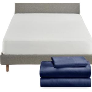 imageCalifornia Design Den 4 Piece Twin XL Size Sheet Set Navy Blue and Waterproof Mattress Protector White Bundle  Soft 100 Cotton Sateen 3 Piece Sheet Set with 1 Mattress Protector