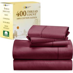 imageCalifornia Design Den 5 Piece Twin XL Size Sheet Set with 3 Pillowcases 400 Thread Count 100 Cotton Sateen Burgundy Red