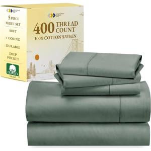 imageCalifornia Design Den 5 Piece Twin XL Size Sheet Set with 3 Pillowcases 400 Thread Count 100 Cotton Sateen Sage Green
