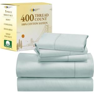 imageCalifornia Design Den 5 Piece Twin XL Size Sheet Set with 3 Pillowcases 400 Thread Count 100 Cotton Sateen Seafoam