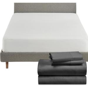 image5 Piece California King Size Sheet Set Grey and Waterproof Mattress Protector White Bundle  Rayon from Bamboo Sateen 4 Piece Sheet Set with 1 Mattress Protector
