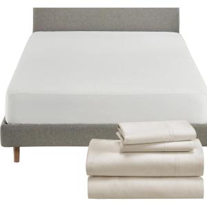 image5 Piece California King Size Sheet Set Ivory and Waterproof Mattress Protector White Bundle  600 Thread Count 100 Cotton Sateen 4 Piece Sheet Set with 1 Mattress Protector