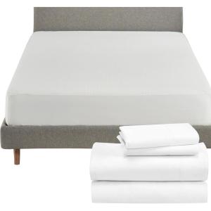 image5 Piece California King Size Sheet Set and Waterproof Mattress Protector Bundle  500 Thread Count 100 Cotton Sateen 4 Piece Sheet Set with 1 Mattress Protector White