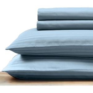 imageCalifornia Design Den Queen Size Bed Set 400 Thread Count 100 Cotton Sateen Sheets Deep Pocket Cooling Plaid41  Striped Blue Hydrangea