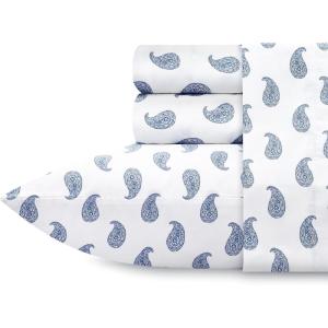 imageCalifornia Design Den Queen Size Bed Set 400 Thread Count 100 Cotton Sateen Sheets Deep Pocket Cooling PlaidPattern Paisley  WhiteNavy Blue