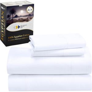 imageCalifornia Design Den Certified 100 Egyptian Cotton Sheets Queen Size Bed Set  Crisp Percale Queen Sheet Set Deep Pocket Cool ampamp Durable Luxury Bedding  WhiteBright White