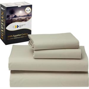 imageCalifornia Design Den Certified 100 Egyptian Cotton Sheets Queen Size Bed Set  Crisp Percale Queen Sheet Set Deep Pocket Cool ampamp Durable Luxury Bedding  WhiteBeige