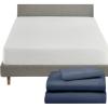 imageCalifornia Design Den 4 Piece Twin Size Sheet Set Royal Navy Blue and Waterproof Mattress Protector White Bundle  600 Thread Count 100 Cotton Sateen 3 Piece Sheet Set with 1 Mattress Protector