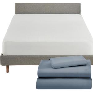 imageCalifornia Design Den 4 Piece Twin Size Sheet Set Pastel Blue and Waterproof Mattress Protector White Bundle  600 Thread Count 100 Cotton Sateen 3 Piece Sheet Set with 1 Mattress Protector