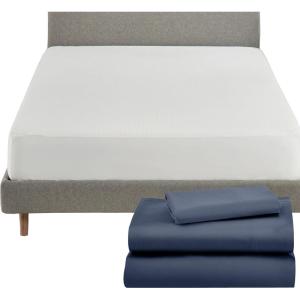 imageCalifornia Design Den 4 Piece Twin Size Sheet Set Royal Navy Blue and Waterproof Mattress Protector White Bundle  600 Thread Count 100 Cotton Sateen 3 Piece Sheet Set with 1 Mattress Protector